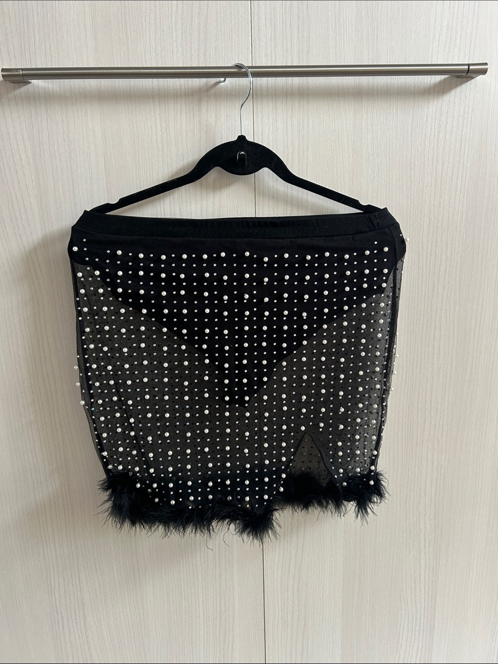 Hot & Delicious Black Sheer Mini Skirt with Rhinestones & Feather Trim M Rave
